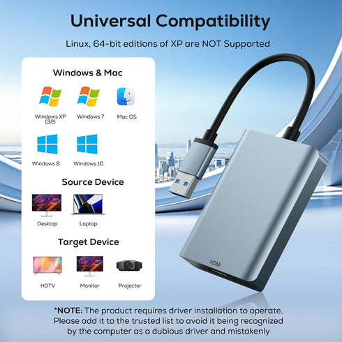 WENTER 3.0 10/8.1/8/7 USB to HDMI Adapter, USB HDMI Audio Video Graphics Converter Cable for Laptop Monitor Desktop TV