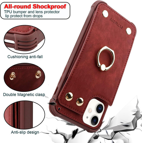 iPhone 11 Wallet Case with Credit Card Holder, Leather Shockproof Cover with 360° Rotation Ring Stand - Burgundy