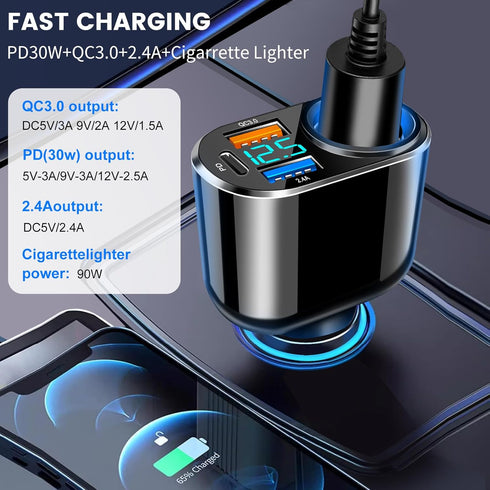 USB C Car Charger, Cigarette Lighter Dual USB Type C PD 30W & QC3.0 Fast Charger Adapter for iPhone 15 Pro Max Plus 14