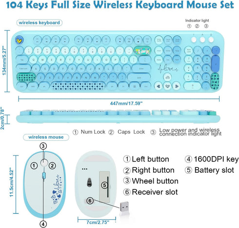 Wireless Keyboard Mouse Combo - MOFII 104 Round Keys Full-Size Cute Colorful Keyboard and Mouse for PC/Mac