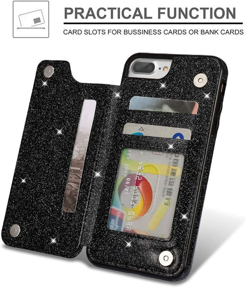 UEEBAI Case for iPhone 7 Plus 8 Plus, Premium Glitter PU Leather Wallet Cover with Card Slots, Black