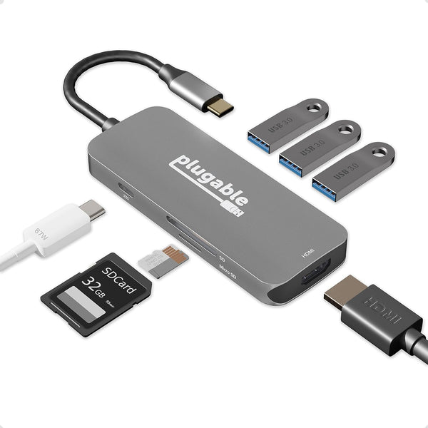 Plugable 7-in-1 USB-C Hub - Driverless, Compatible with Mac, Windows, Chromebook, USB4, Thunderbolt 4 (4K HDMI, 3 USB