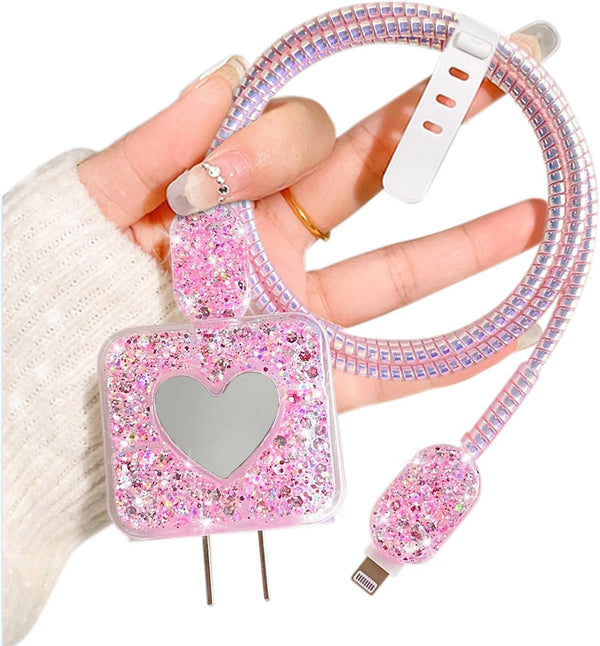 DIY Cable Protector for Apple iPhone Charger, Cute Glitter Bling Love Heart Design, USB Case Wire Cable Saver, Pink