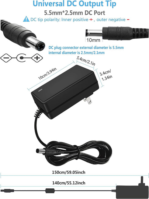 15V 2A DC Power Supply - AC 100V-240V Input to DC 15 Volt 2 Amp Adapter with 5.5mm x 2.5mm Plug and Size Tips