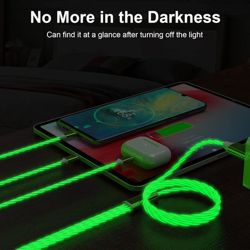 3-in-1 Multi USB Universal Flowing LED Light Up Phone Charge Cable, Lightning+Type C+Micro USB for iPhone 14/13/12