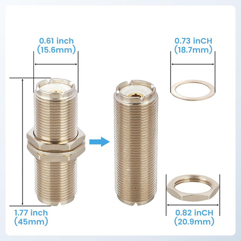 Anina SO239 Adapter UHF Female to Female Bulkhead Connector, 1.77 Inch RF UHF Coax Adapter for CB Radio Ham Radio Antenna with PL259 Plug, Low Loss SO239 to SO239 Coaxial Antenna Coupler(2 Pcs)