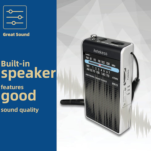 Retekess PR15 Pocket NOAA Weather Radio, AM FM Emergency Portable Radio Powered by AAA Battery (Silver Black)