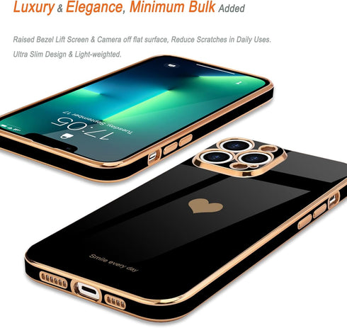 Teageo Cute Love-Heart Luxury Bling Plating Case for iPhone 13 Pro Max, Soft Back Cover with Raised Camera Protection,