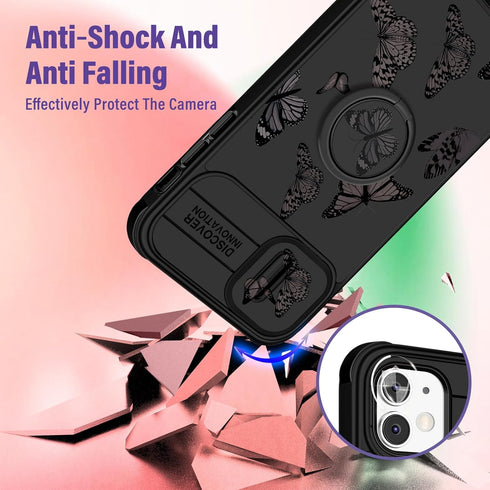 Cute 2-in-1 iPhone 11 Case for Women - Black Butterfly Design, Camera Cover & Ring Stand, Aesthetic Kawaii Funda.