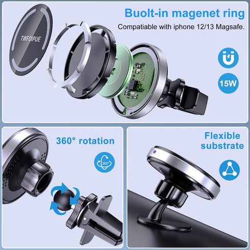 Magnetic Wireless Car Charger Mount, Compatible with Magsafe iPhone 14/13/12/12 Mini/12 Pro/12 Pro Max, 15W Fast