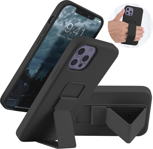LAUDTEC Silicone Kickstand Case for iPhone 12/12 Pro, Flexible Soft Liquid Silicone Cover with Metal Hand Strap (Black)
