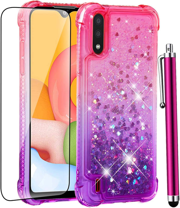 Galaxy A01 Case - Pink/Purple Glitter Bling Floating Liquid Sparkle Quicksand TPU Cover with Tempered Glass Protector