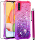 Galaxy A01 Case - Pink/Purple Glitter Bling Floating Liquid Sparkle Quicksand TPU Cover with Tempered Glass Protector