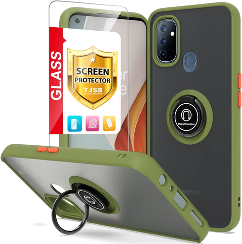 TJS OnePlus Nord N10 5G Case with Tempered Glass Screen Protector, Heavy Duty Protector Phone Case with Kickstand -