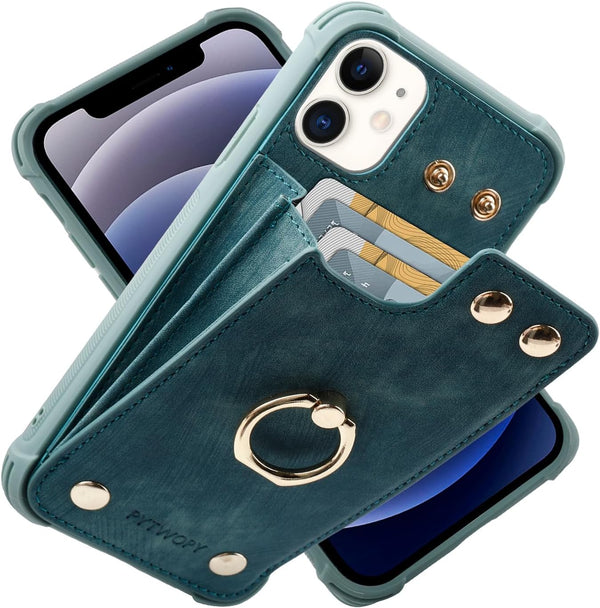 iPhone 11 Wallet Case with Credit Card Holder, Leather Shockproof Cover with 360° Rotation Ring Stand - Blue Green