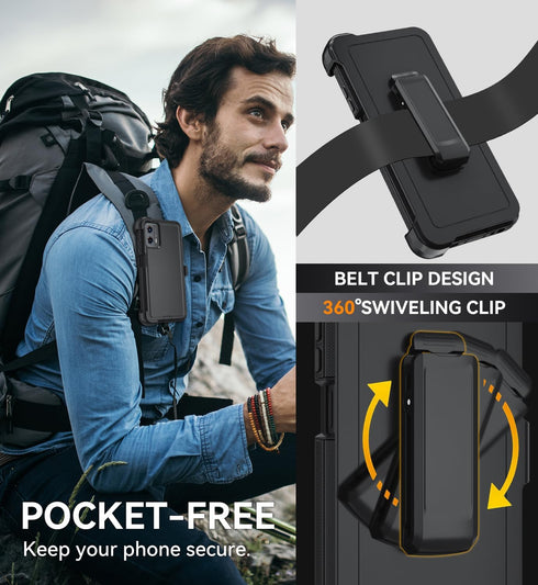 Heavy Duty Case for Moto G 5G 2024/Moto G Play 5G 2024, with Belt Clip, Tempered Glass Protector, Black