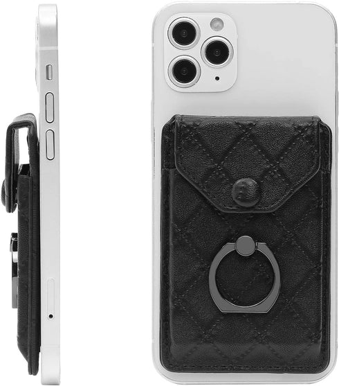 Black Cell Phone Card Holder - RFID Ring Stand Stick on Wallet for All Smartphones, Adhesive Credit Card Holder