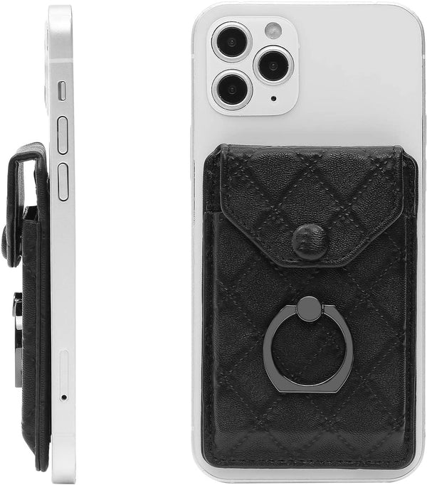 Black Cell Phone Card Holder - RFID Ring Stand Stick on Wallet for All Smartphones, Adhesive Credit Card Holder