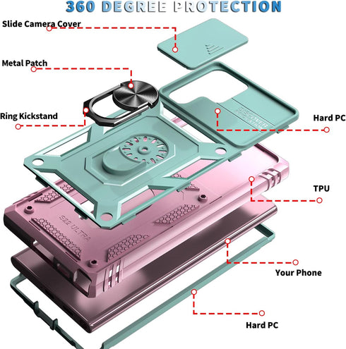 Galaxy S22 Ultra Case, Pink Green Shockproof Impact Resistant with Slide Lens Protective Cover