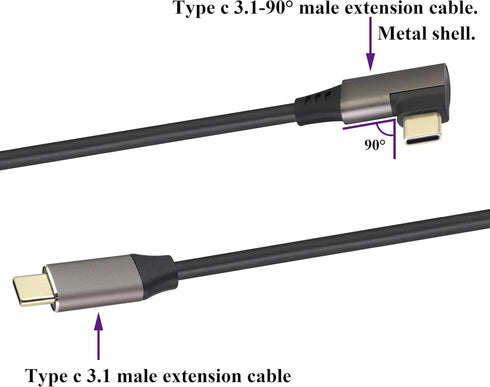 90 Degree USB 3.1 Type C Male Extension Cable 60W & 3A, Right Angled, 0.3M, 2-Pack for Laptop, Tablet & Mobile.
