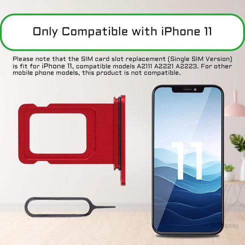 for iPhone 11 Red SIM Card Tray Holder Replacement, Single SIM Version with Waterproof Rubber Ring Repair Kit