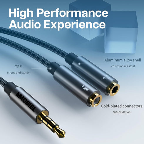 MMOBIEL Headphone Splitter 3.5mm, Mic and Audio Splitter, 1 Male to 2 Female, Compatible with Phone, Laptop, PC,