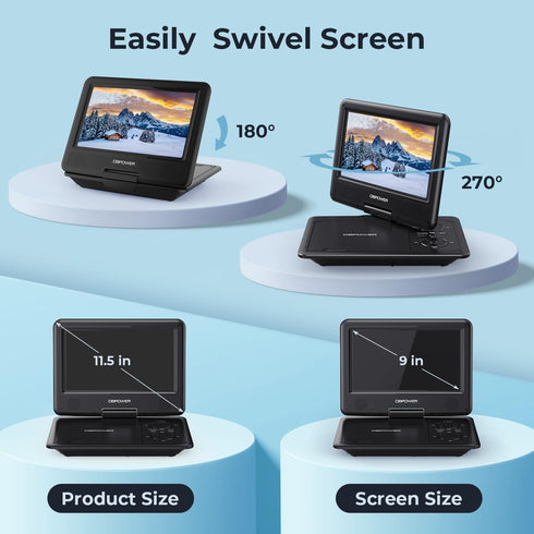 DBPOWER 11.5" 5-Hour 9" 1.8 Portable DVD Player, Built-in Rechargeable Battery, Swivel Screen, Support CD/DVD/SD