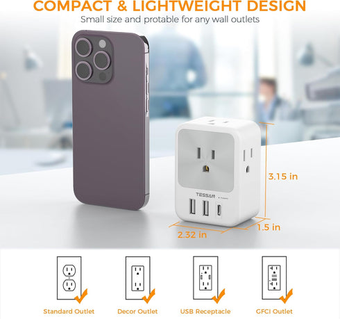 USB Plug Adapter for Wall Outlet, TESSAN USB Wall Plug with 1 USB C and 2 USB A, 4 AC Multiple Outlet Wall Plug, Surge