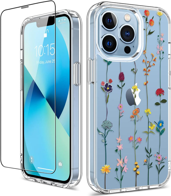 GiiKa iPhone 13 Pro Case with Screen Protector, 6.1 inch Clear Shockproof Floral Hard Case with TPU Bumper Cover,