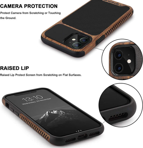 TENDLIN Black Compatible with iPhone 11 Case, Wood Grain with Carbon Fiber Texture Design Leather Hybrid