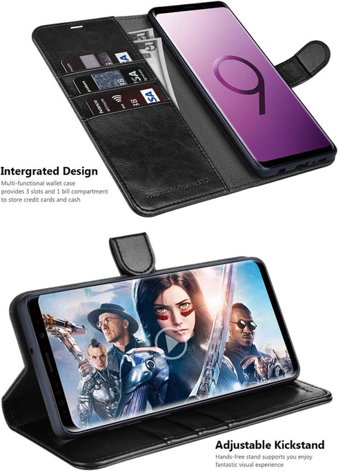 OCASE Leather Flip Case for Samsung Galaxy S9 Plus - Wallet Case with Card Slot, Kickstand, Magnetic Closure (Black)