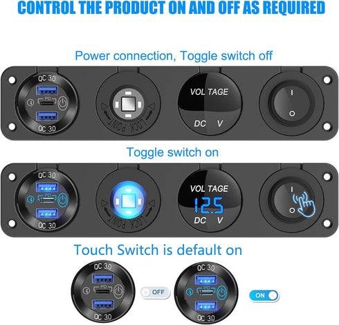 4 in 1-12V USB Outlet RV Accessories, PD3.0 & Dual QC3.0 Car USB Port Aluminum Charger with Lighted 150W Socket