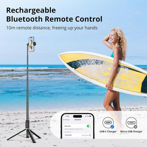 SYNCWIRE 55" Selfie Stick Tripod, Extendable Aluminum Phone Tripod with Bluetooth Remote, Compatible with Smartphones