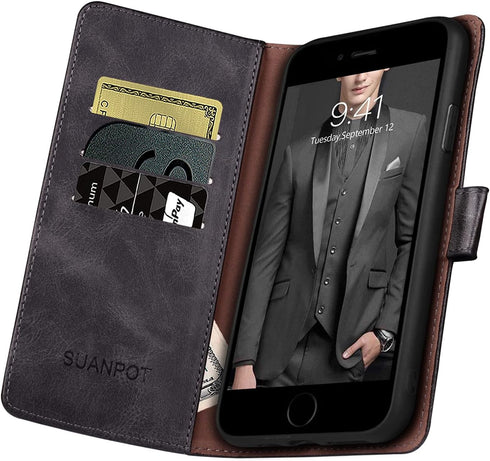SUANPOT Flip Book Phone Case for iPhone 7 Plus/8 Plus - RFID Blocking Leather Wallet Case, Shockproof Cover, Black