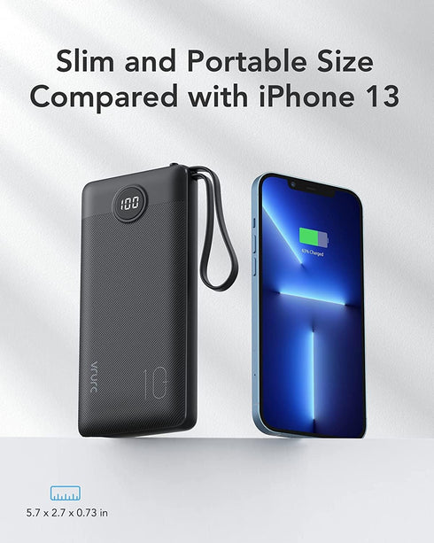 VRURC Portable Charger 10000mAh with Built-in Cables, Slim USB C Power Bank, 5 Output 2 Input, Compatible with iPhone,