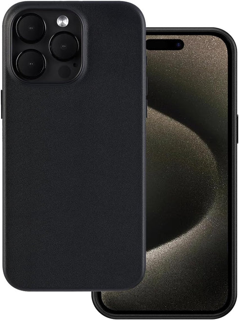 iPhone 15 Pro Max Leather Case, Genuine Leather with Built-in Magnets for Wireless Charging - Midnight