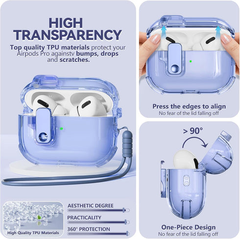 Inesore Clear Case for AirPods Pro 2nd Generation with Safety Lock, Magsafe One Click Open Function, Blue