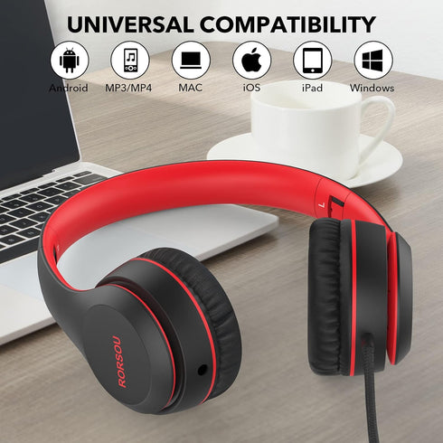 RORSOU K5 Kids Headphones - Foldable On-Ear, 85/94dB Volume Limiter, Tangle-Free 3.5mm Jack, for Boys/Girls/Tablet