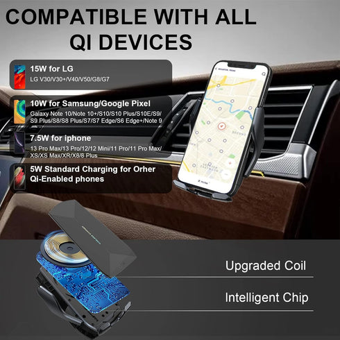 Wireless Car Charger, Qi 15W Fast Charging Automatic Clamping Phone Holder for iPhone 13/12 Pro Max/Samsung Galaxy