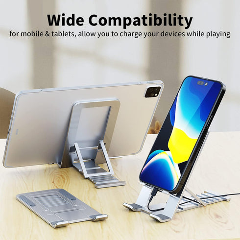 Cell Phone Stand for iPhone 14 Pro Max 13 12 11 XR Samsung A53 S22 S21 S20 Galaxy Z Flip 4 Pixel Aluminum Adjustable Cradle Holder Tablet Kickstand iPad Mini Air Desk Home Office, Silver