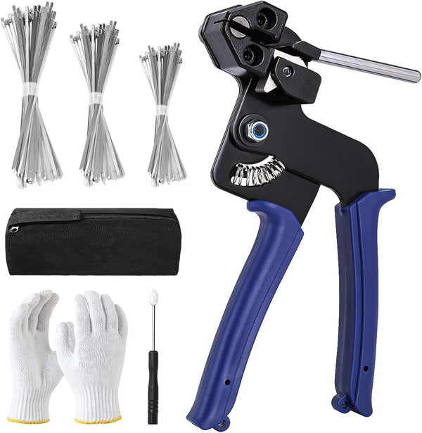 Metal Zip Tie Tool, Adjustable Fastening and Cutting Stainless Steel Cable Tie Gun with 150pcs Metal Zip Ties