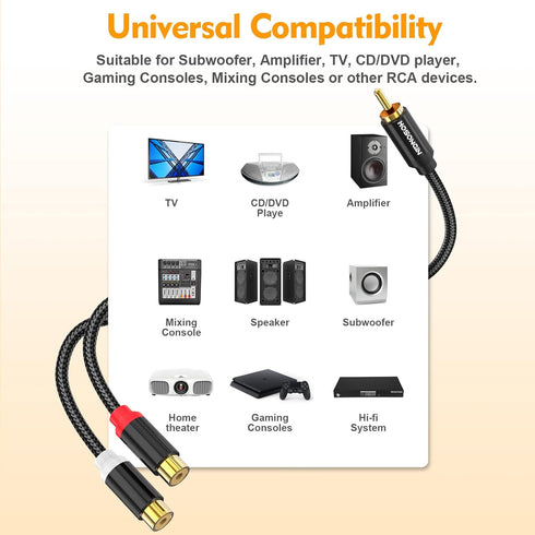 HOSONGIN 1ft RCA Splitter 1 Male to 2 Female Y Adapter, 2 Pack Short RCA Audio Speaker Splitter Cable