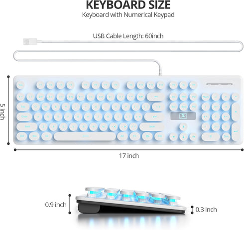 iRoboosta 104 Retro Typewriter White Keyboard Full Size, Keys LED Backlit Wired Membrane Keyboard with Number Pad
