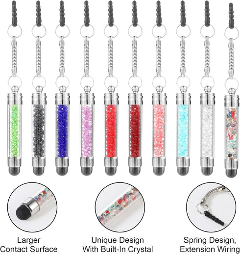 10 Pcs Mini Phone Stylus Pens, Crystal Colors Short Touch Screen Pen with 3.5mm Jack Connector for Smartphones Tablets