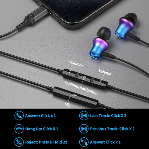 USB C Headphone for iPhone 15 Pro Max, Samsung S24 Plus, Google Pixel 6a 6 7a 8a Type C Earphone, Noise Canceling