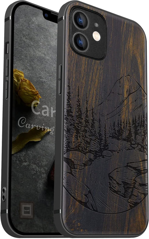 Carveit Magnetic Wood Case for iPhone 12 Case [Natural Wood & Black Soft