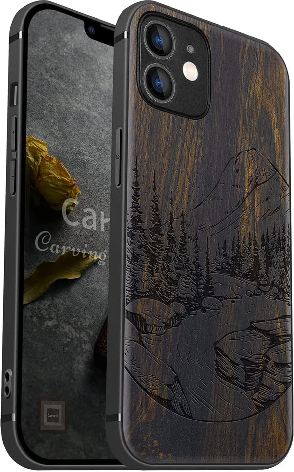 Carveit Magnetic Wood Case for iPhone 12 Case [Natural Wood & Black Soft
