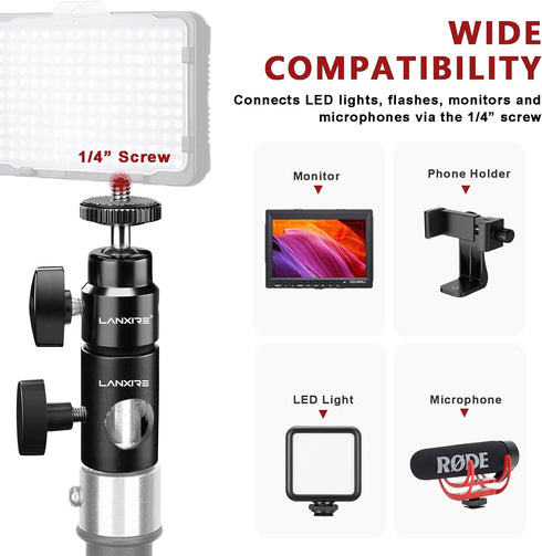 Light Stand Mount Adapter with Mini Ball Head 1/4" Screw - Fits C Stand, Boom Arm, Camera Monitor, Max Load 4.4lb