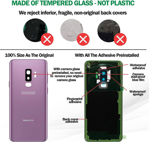 Galaxy S9+ Back Glass Cover Replacement Housing Door with Pre-Installed Camera Lens, Adhesive & Repair Tools for