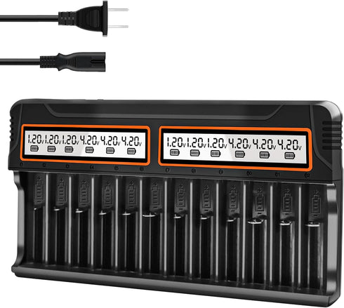WAVYPO 18650 Battery Charger, 12 Bays Smart Universal LCD Charger for Rechargeable Li-ion